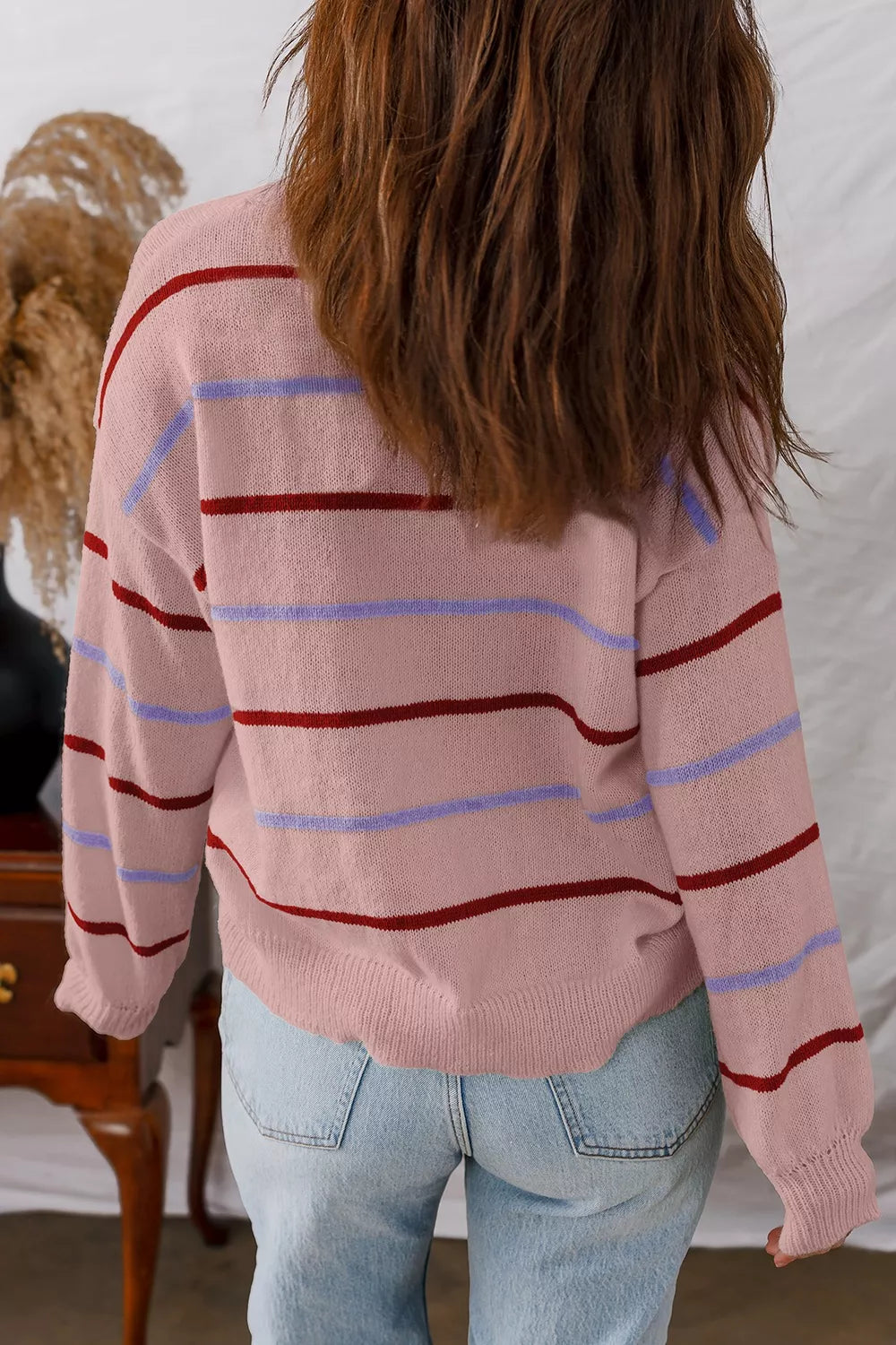 Striped Drop Shoulder Long Sleeve Sweater - Lilixa.store