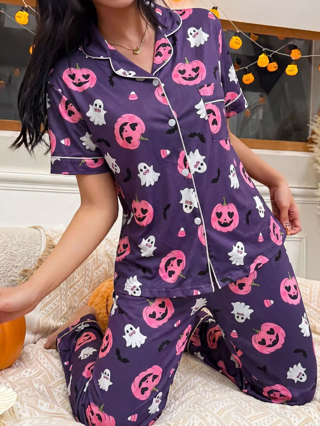 Halloween Pumpkin Print Button-Down Top and Pants Set - Lilixa.store