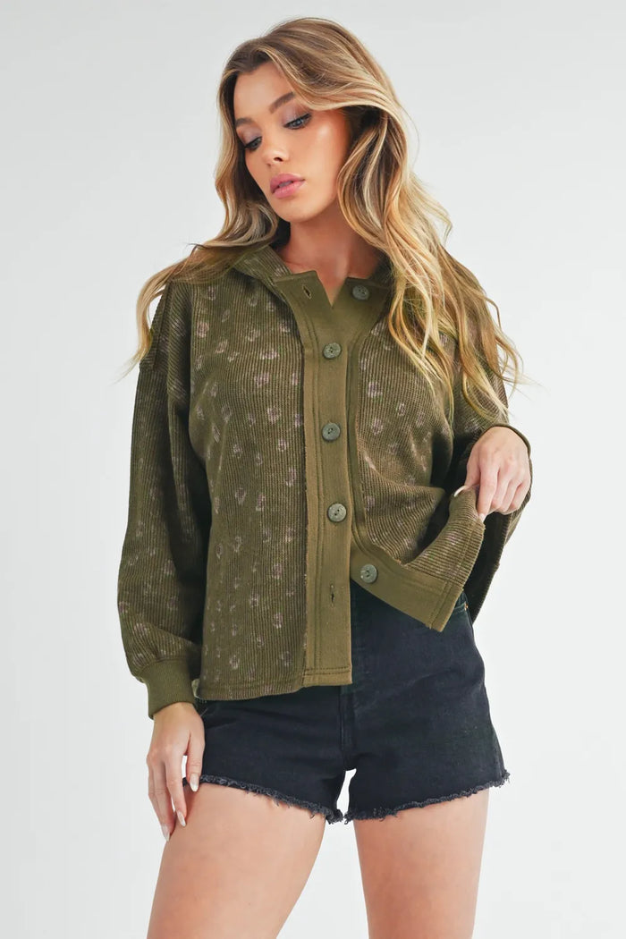 Aemi + Co Floral Button Up Hooded Jacket in Olive