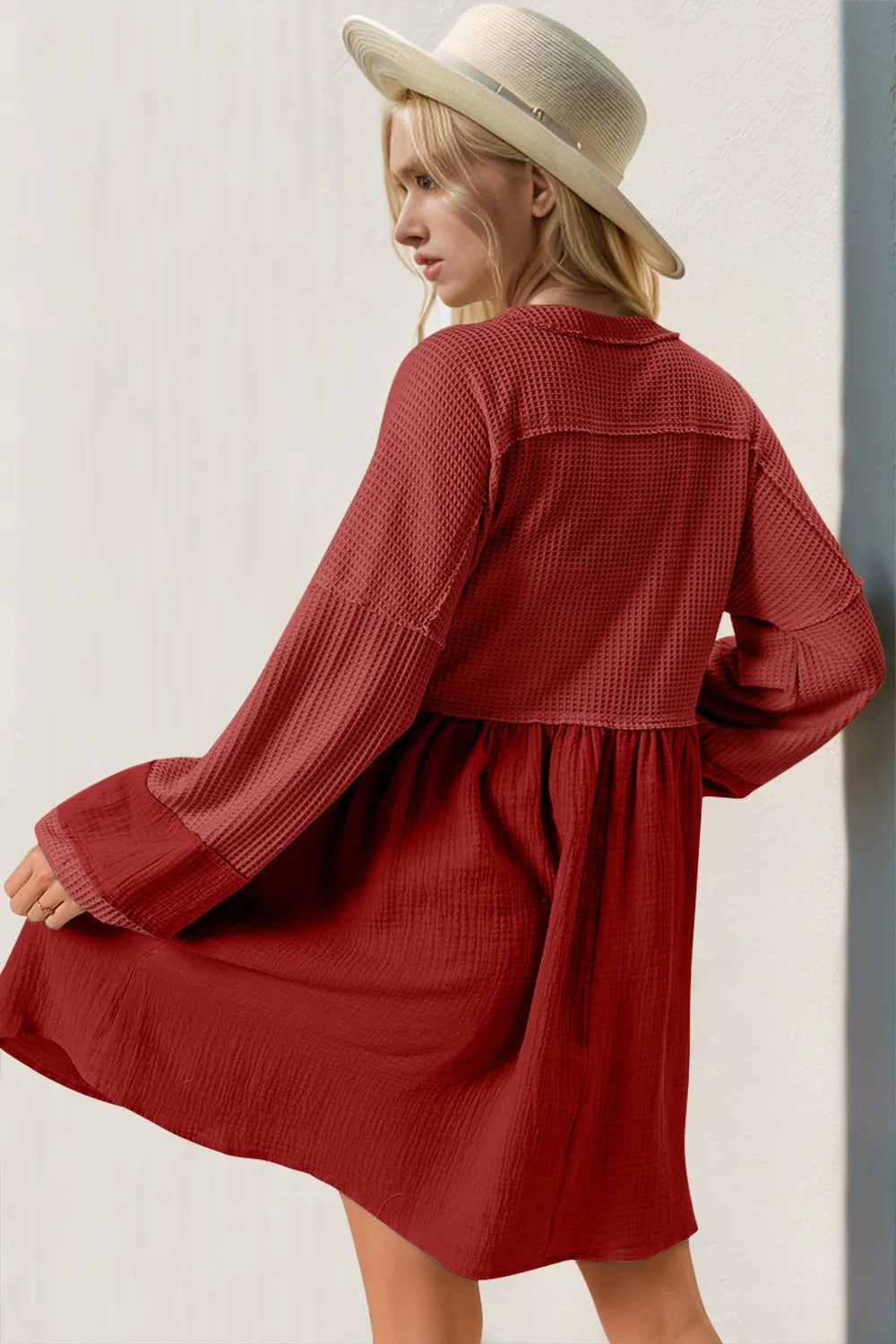 Double Take Waffle-Knit Contrast Half Button V-Neck Long Sleeve Mini Dress in Red, view 3