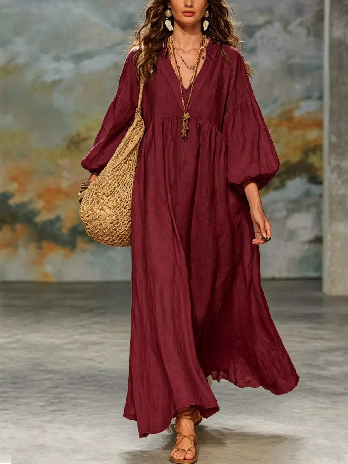 Full Size Notched 3/4 Sleeve Maxi Dress Plus Size