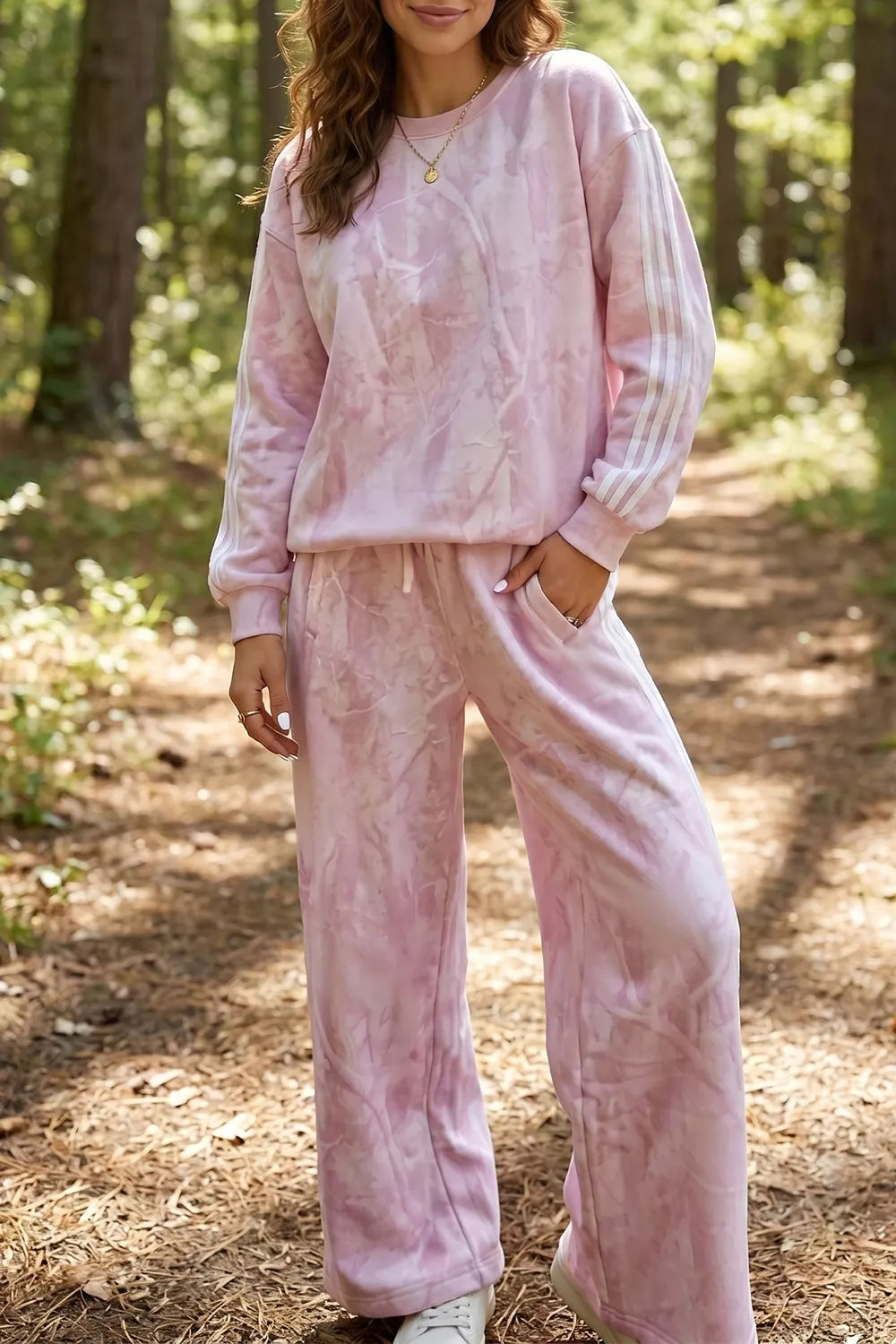 Abstract Print Side Stripe Detail Long Sleeve Top Loose Pants Set in Dusty Pink, view 3