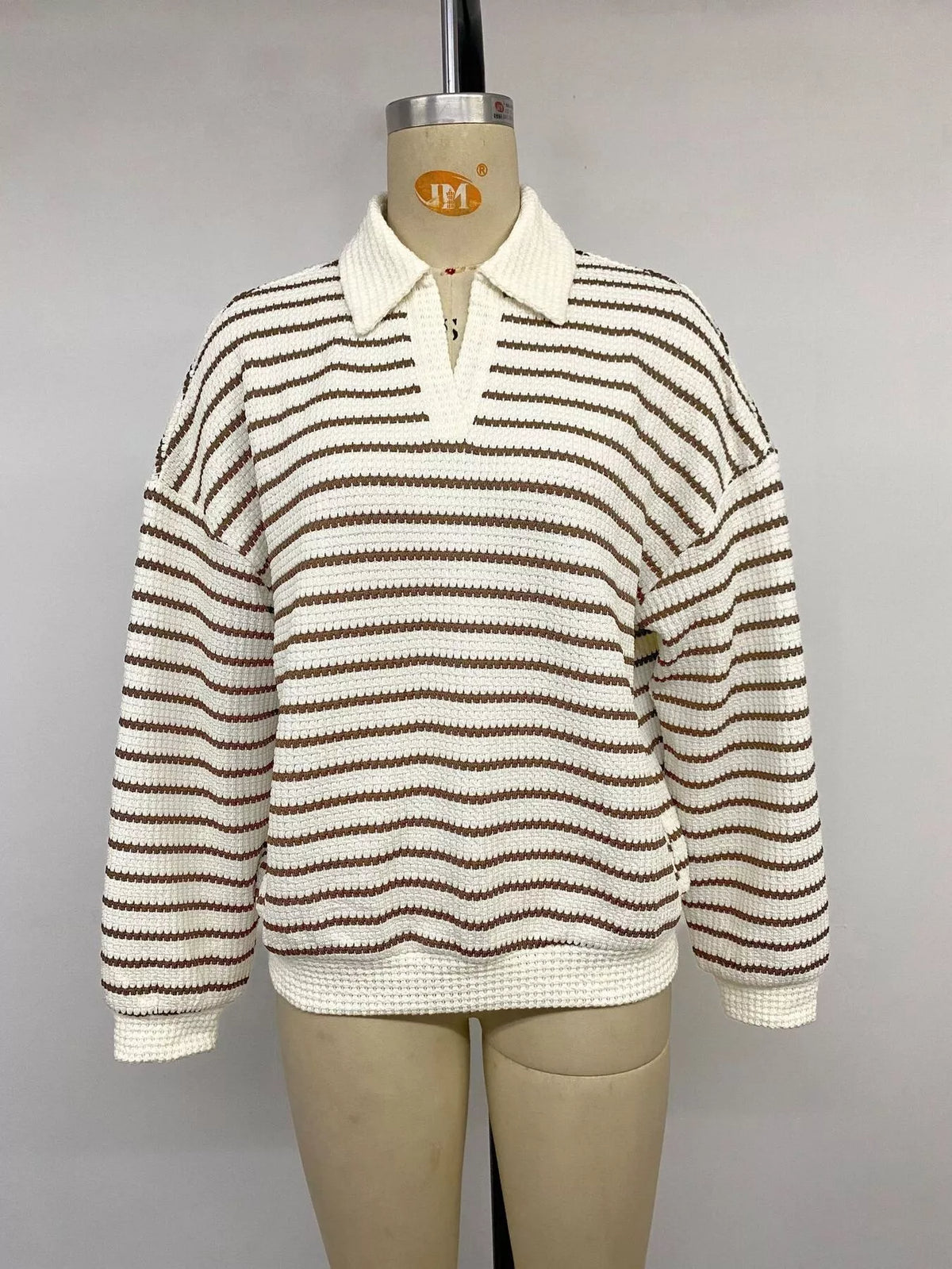 Striped Polo Collar Knit Sweatshirt - Lilixa.store