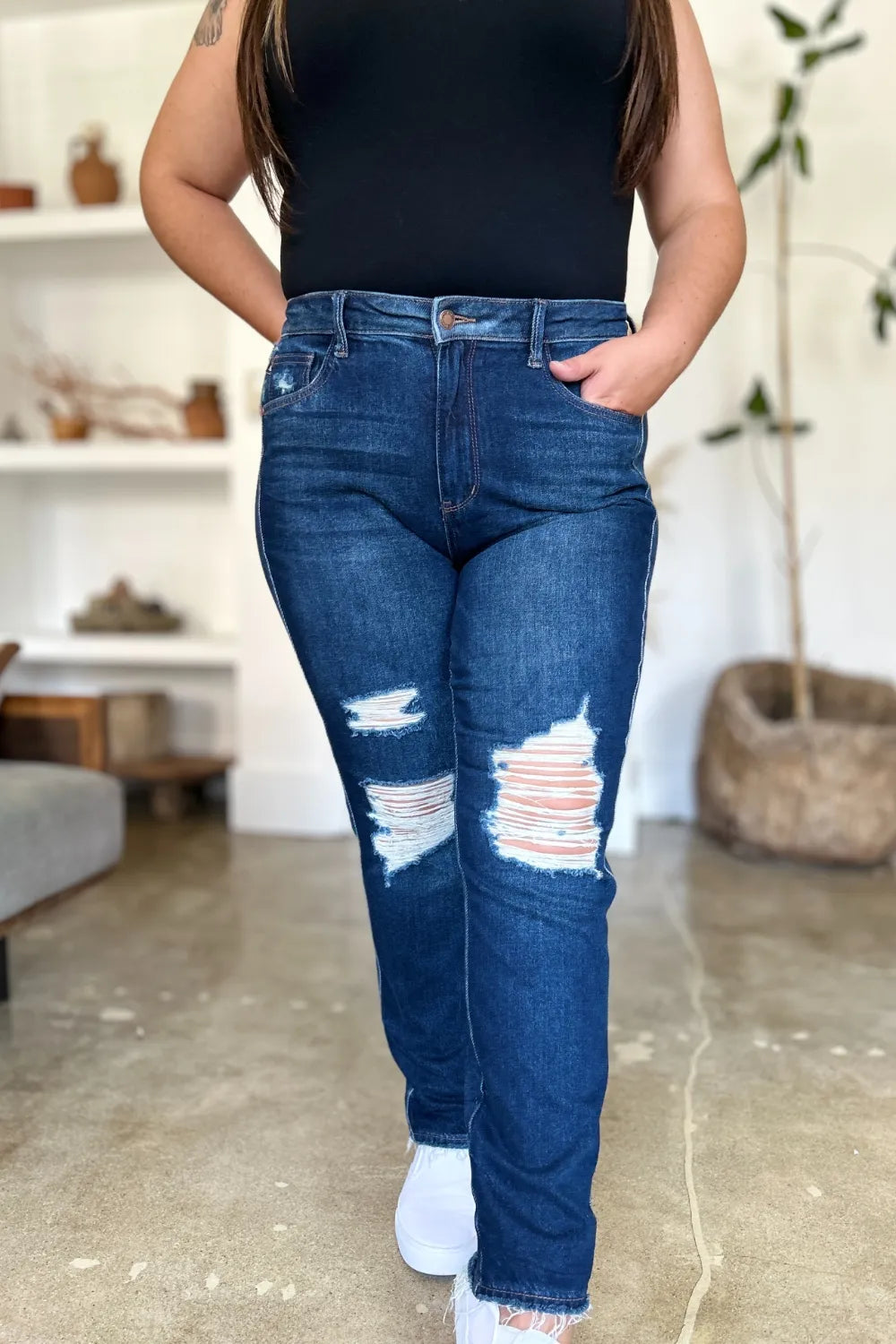Judy Blue Full Size High Waist Rigid Magic Heavy Destroy Straight Jeans - Lilixa.store