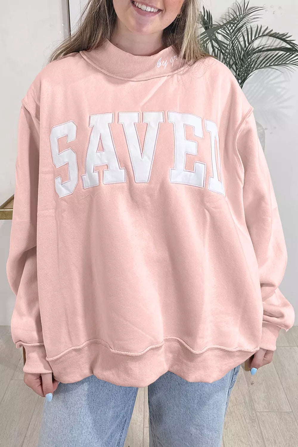 SAVED Graphic Sweatshirt with Raw Edge Detail in Watermelon pink, view 2