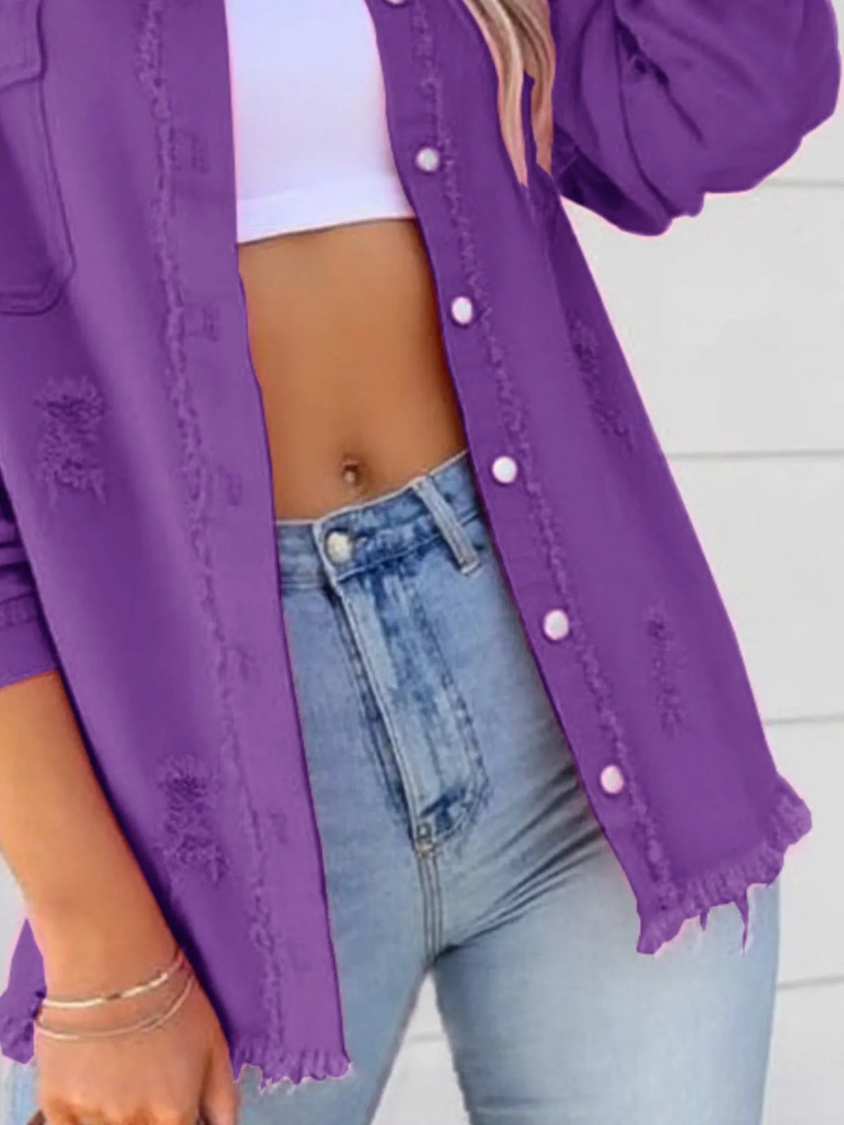 Distressed Denim Jacket with Frayed Edges - Lilixa.store