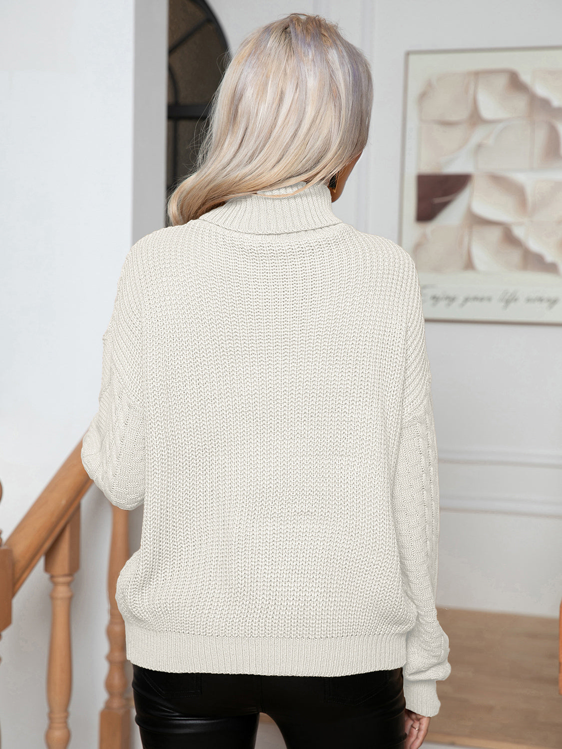 Turtleneck Cable-Knit Long Sleeve Sweater, view 9