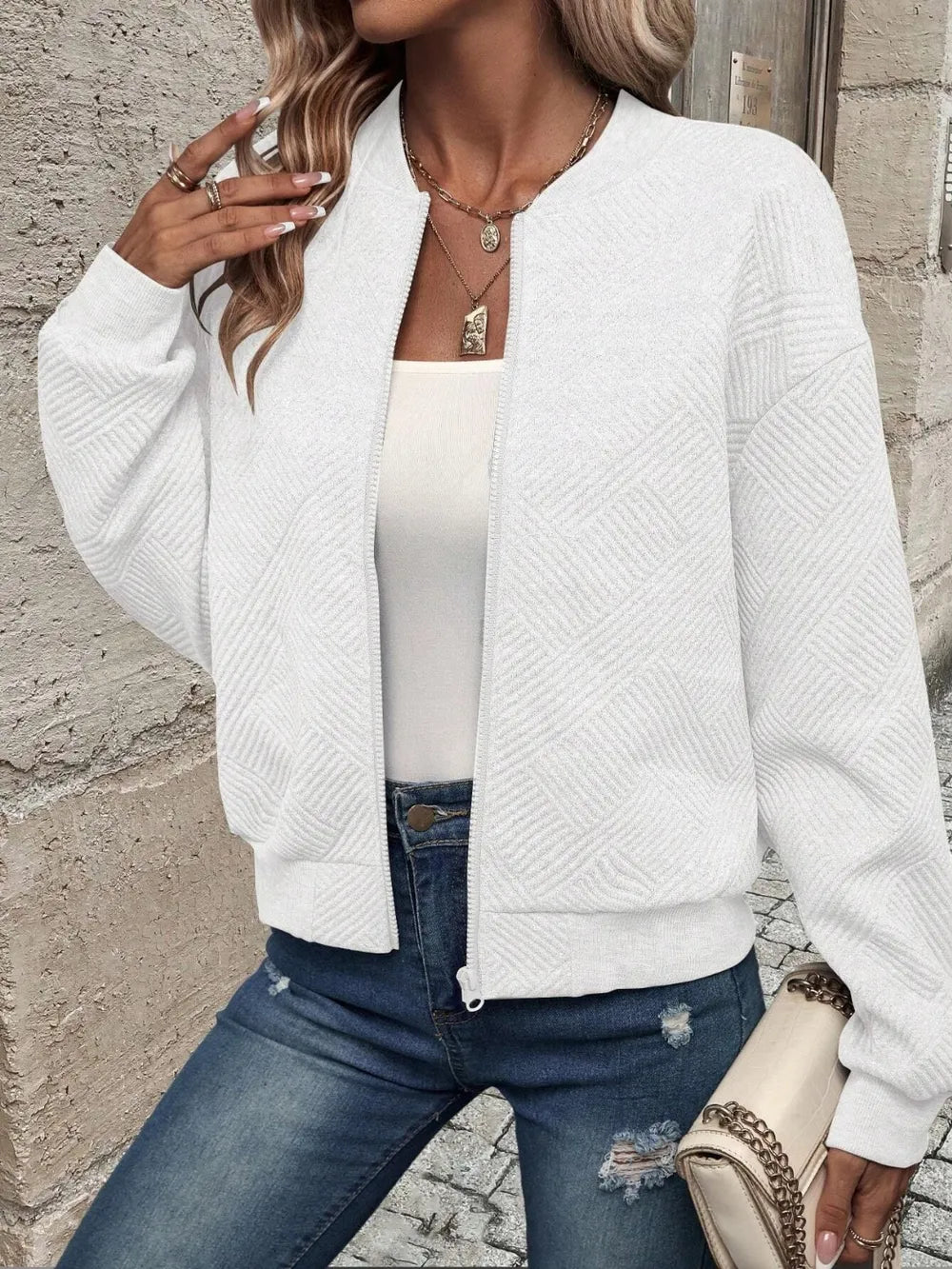 Textured Zip Up Long Sleeve Jacket, view 7