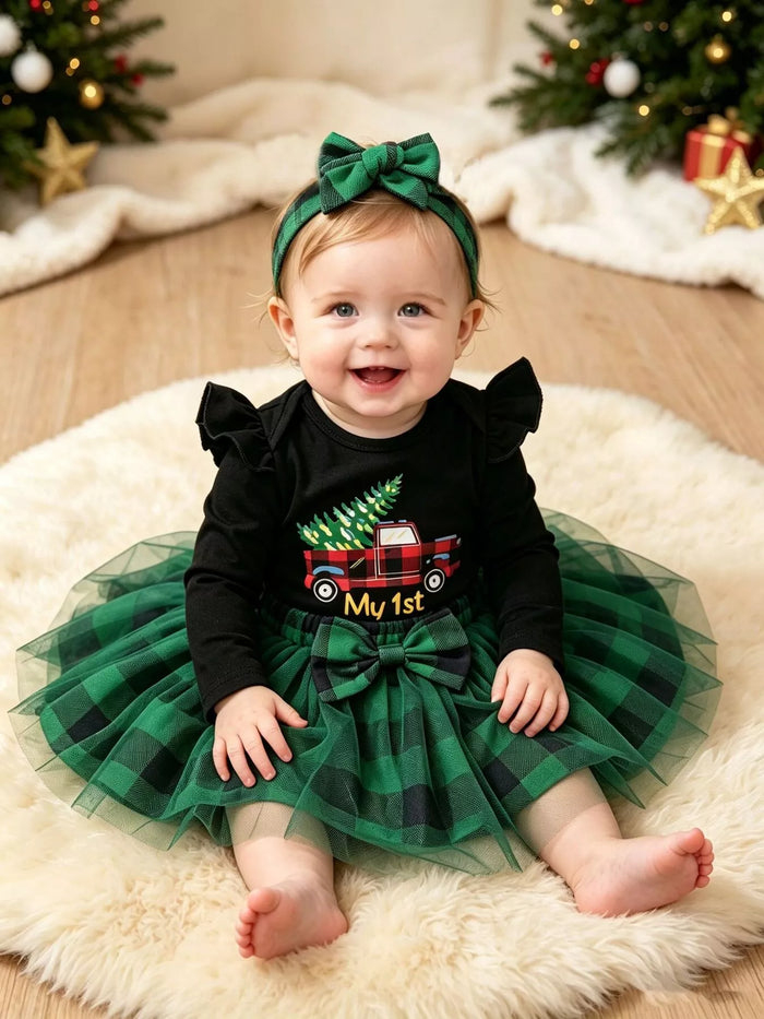 Children's Christmas Themed Top and Plaid Tutu Skirt Set with Headband in Green