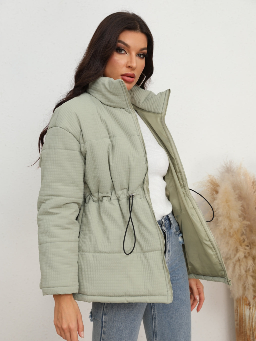 Drawstring Waist Zip-Up Puffer Jacket - Lilixa.store