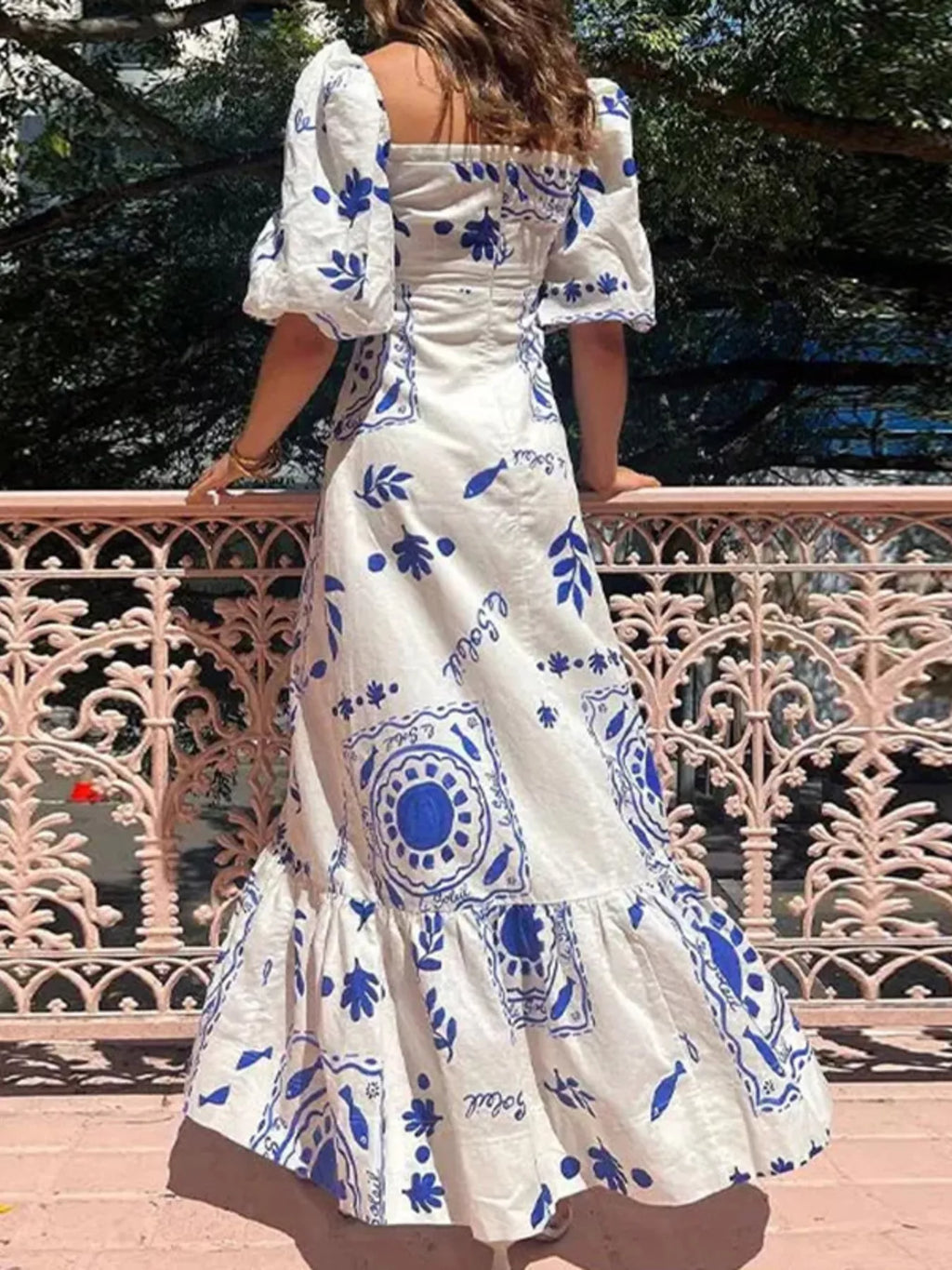 Full Size Floral Print Puff Sleeve Maxi Dress Plus Size - Lilixa.store