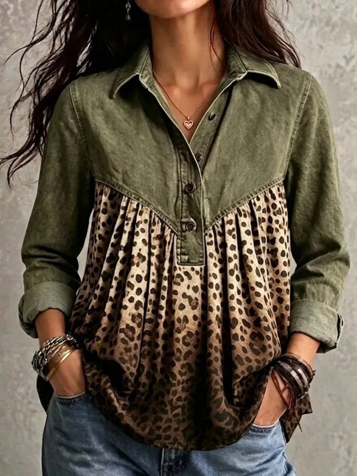 Full Size Leopard Button Detail Blouse Plus Size - Lilixa.store