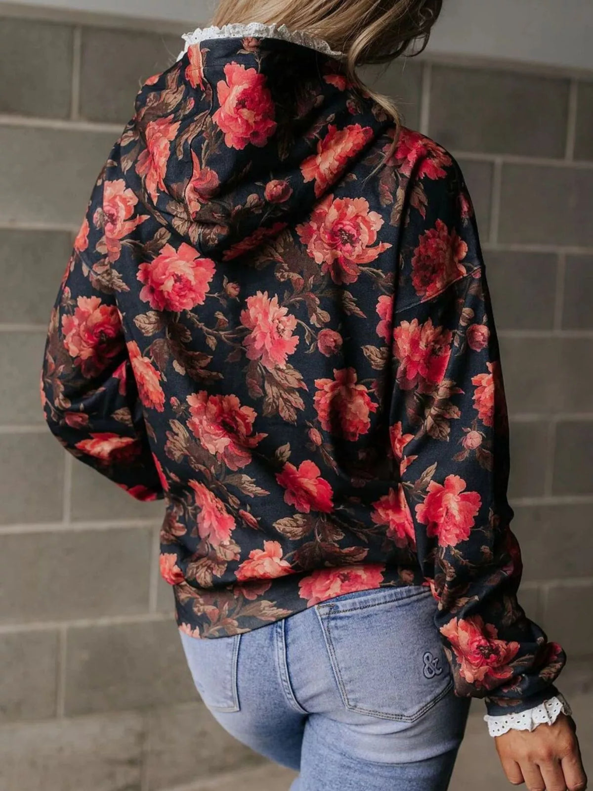 Lace Trim Kangaroo Pocket Hoodie - Lilixa.store