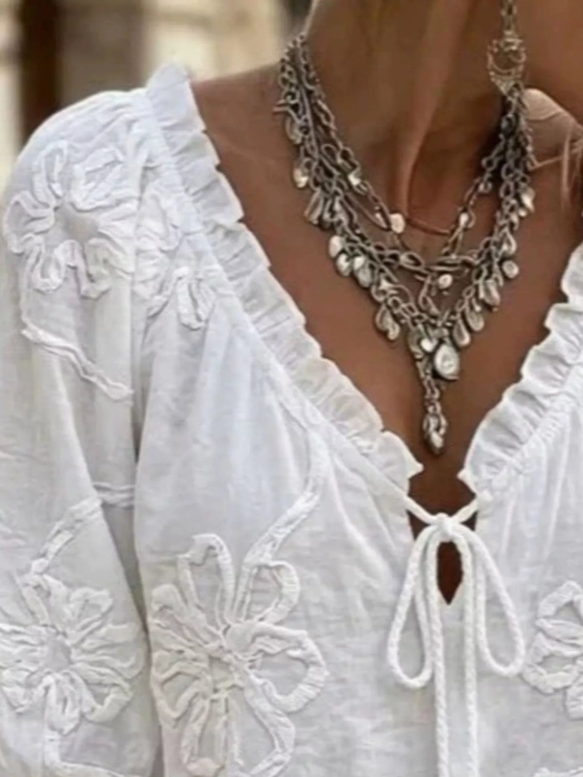 Full Size Flower Tie Front 3/4 Sleeve Blouse Plus Size - Lilixa.store