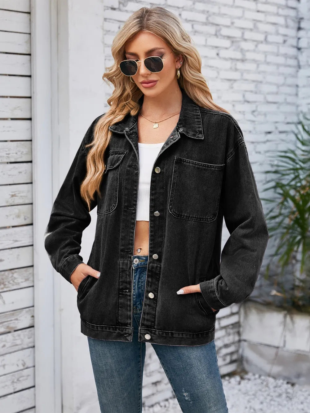Pocketd Button Up Detachable Hooded Denim Jacket, view 5