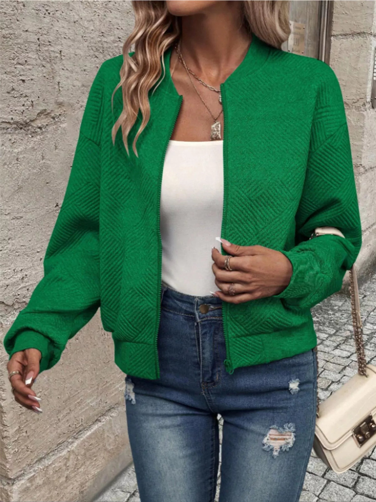 Textured Knit Zip-Up Bomber Jacket, view 8