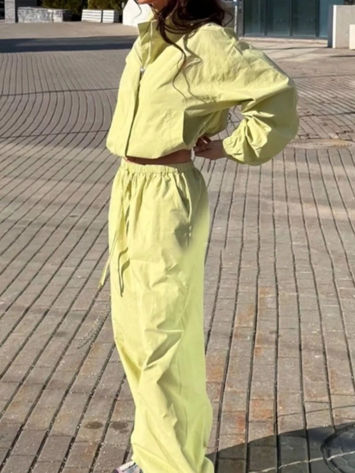 Drawstring Hem Crop Jacket and Wide-Leg Pant Set, view 8