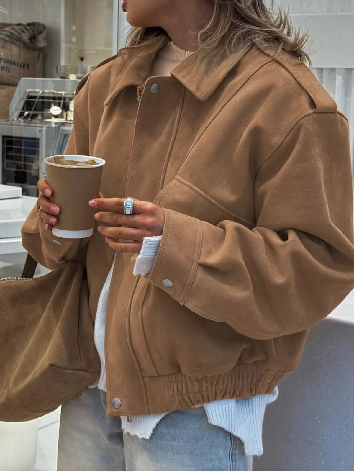 Zip Up Oversized Jacket in Taupe