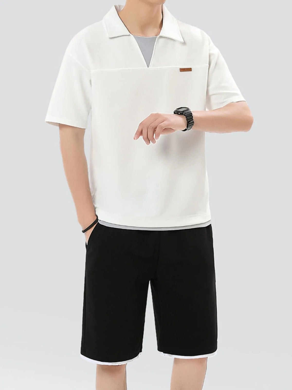Men's Plus Size Johnny Collar Top and Shorts Set, view 2