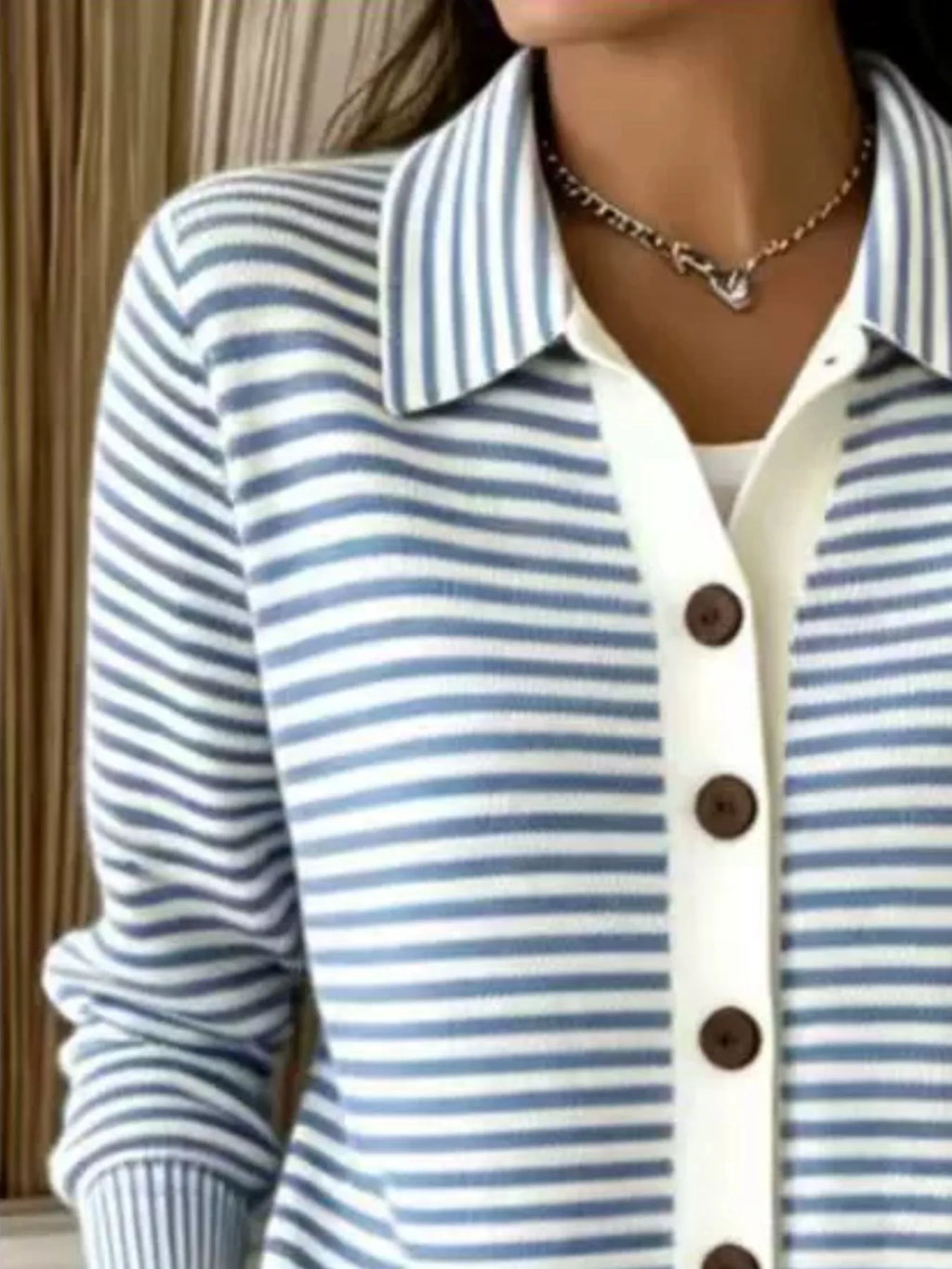 Striped Collared Button-Down Knit Cardigan - Lilixa.store
