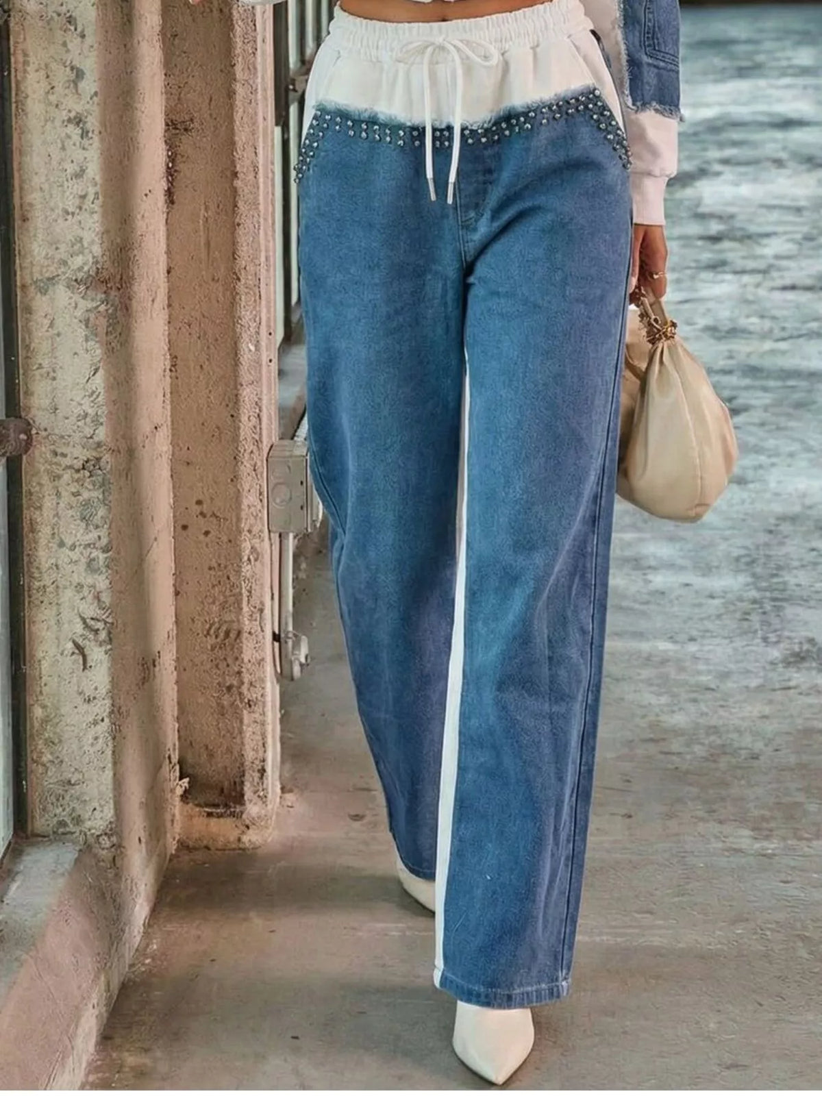 Full Size Studded Denim Patchwork Hoodie and Joggers Set Plus Size - Lilixa.store