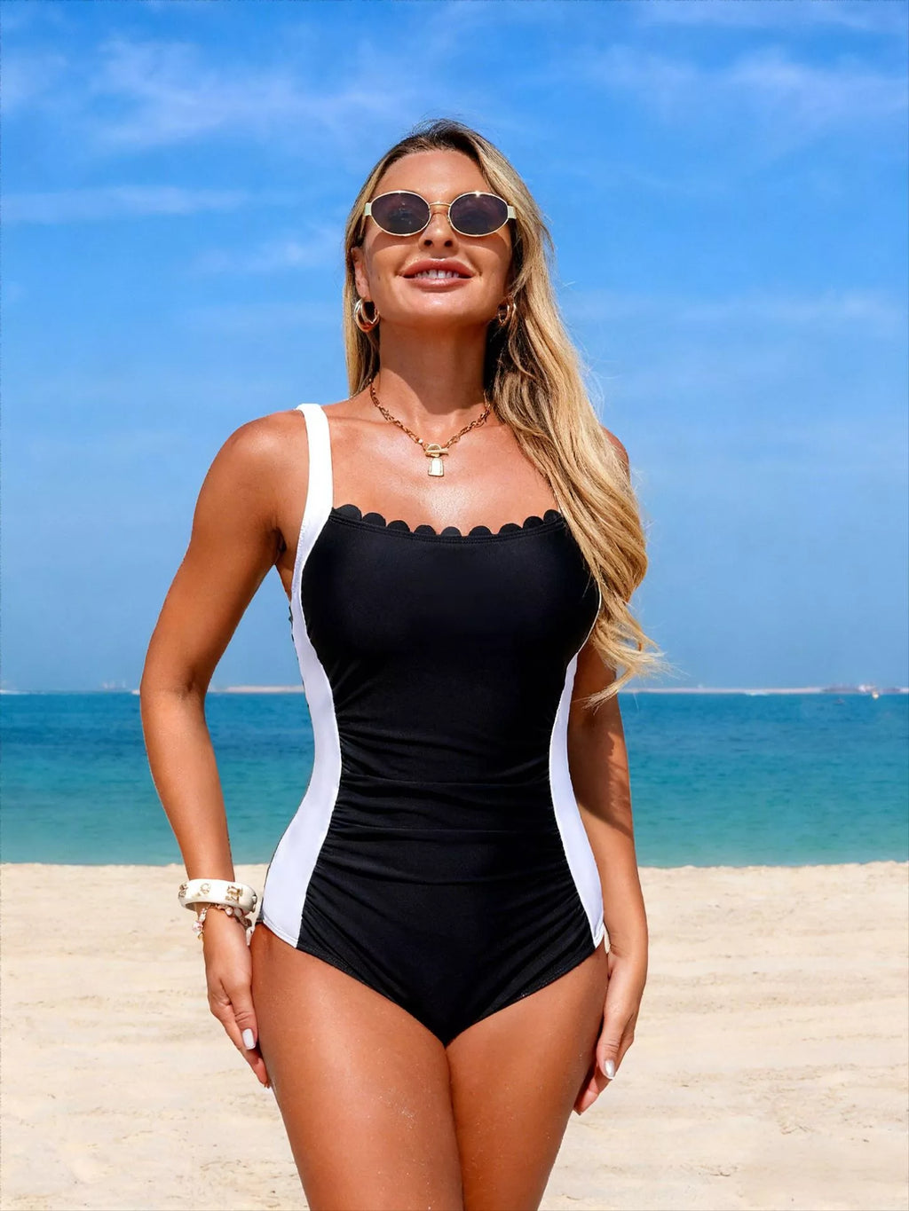 Two-Tone Ruched One-Piece Swimsuit - Lilixa.store