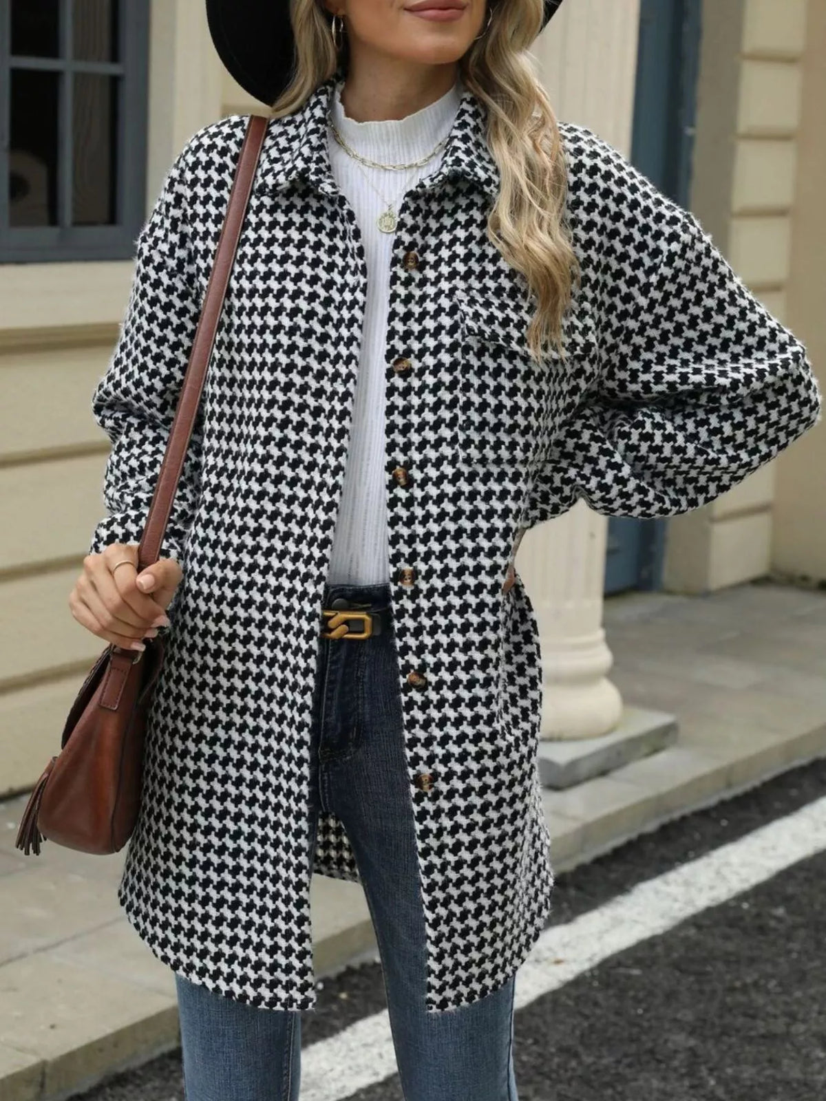Houndstooth Button Up Long Sleeve Coat in Black