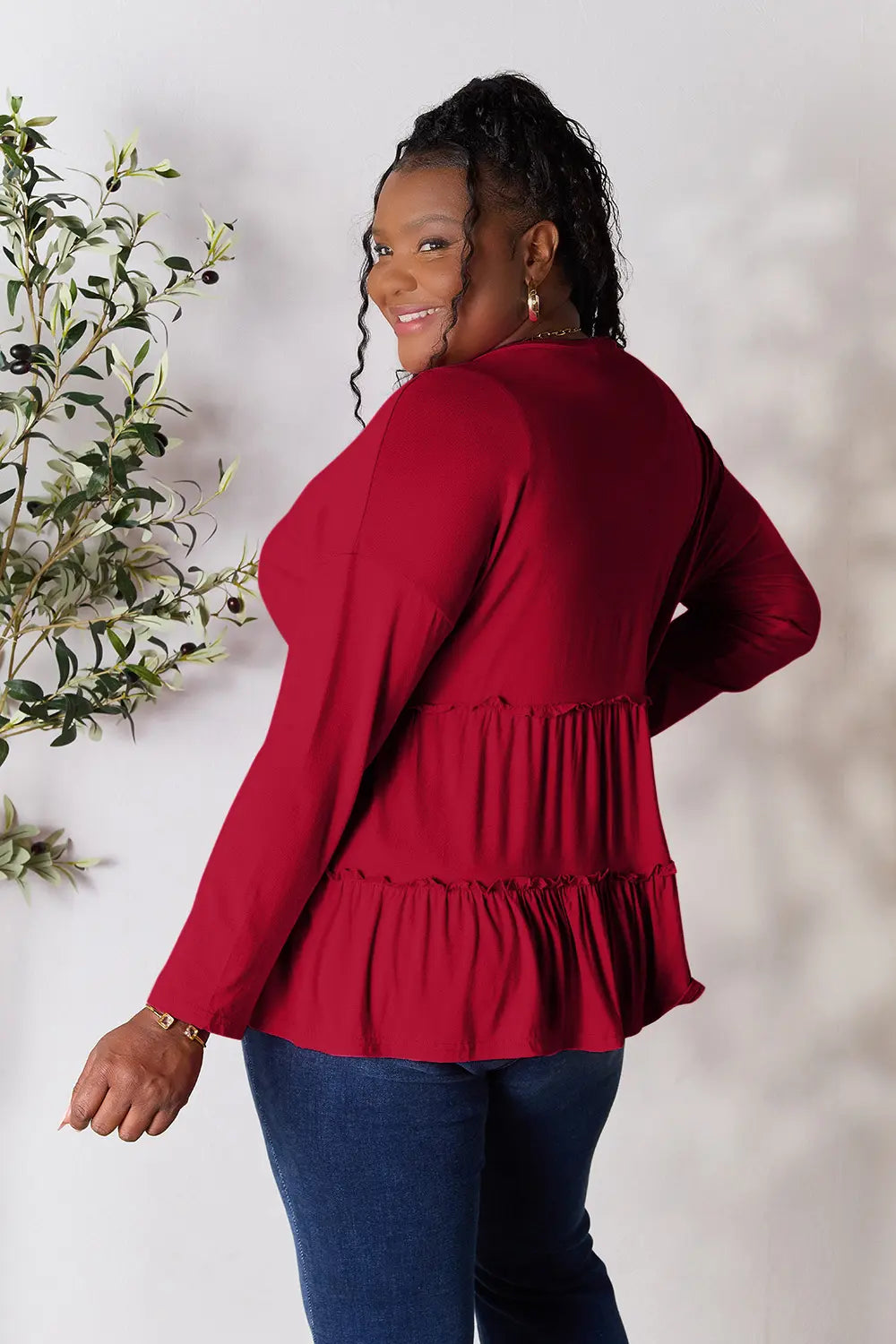 Double Take Half Button Long Sleeve Ruffle Hem Blouse - Lilixa.store