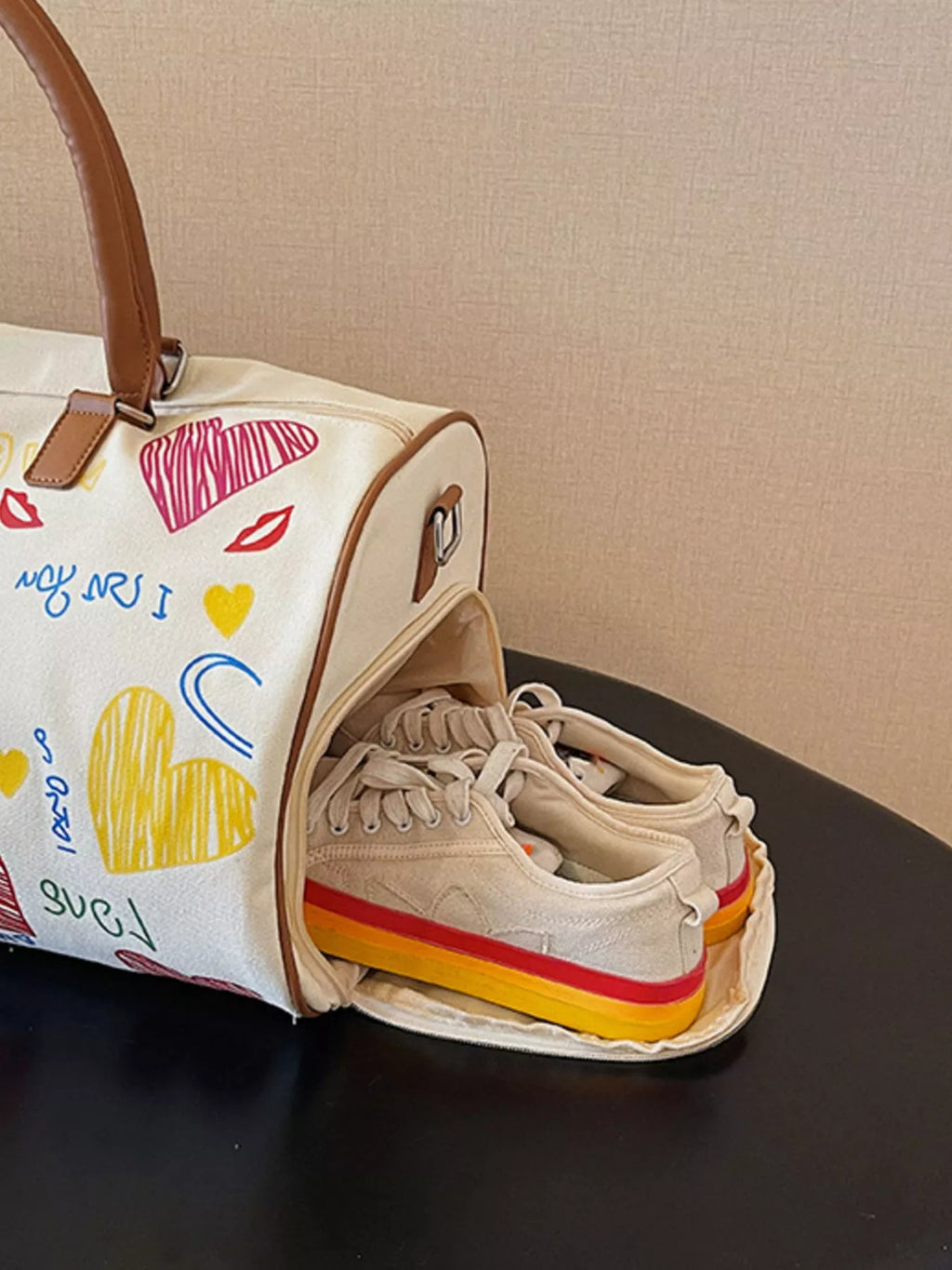 Printed Duffel Bag with Adjustable Strap in Off-white, view 7