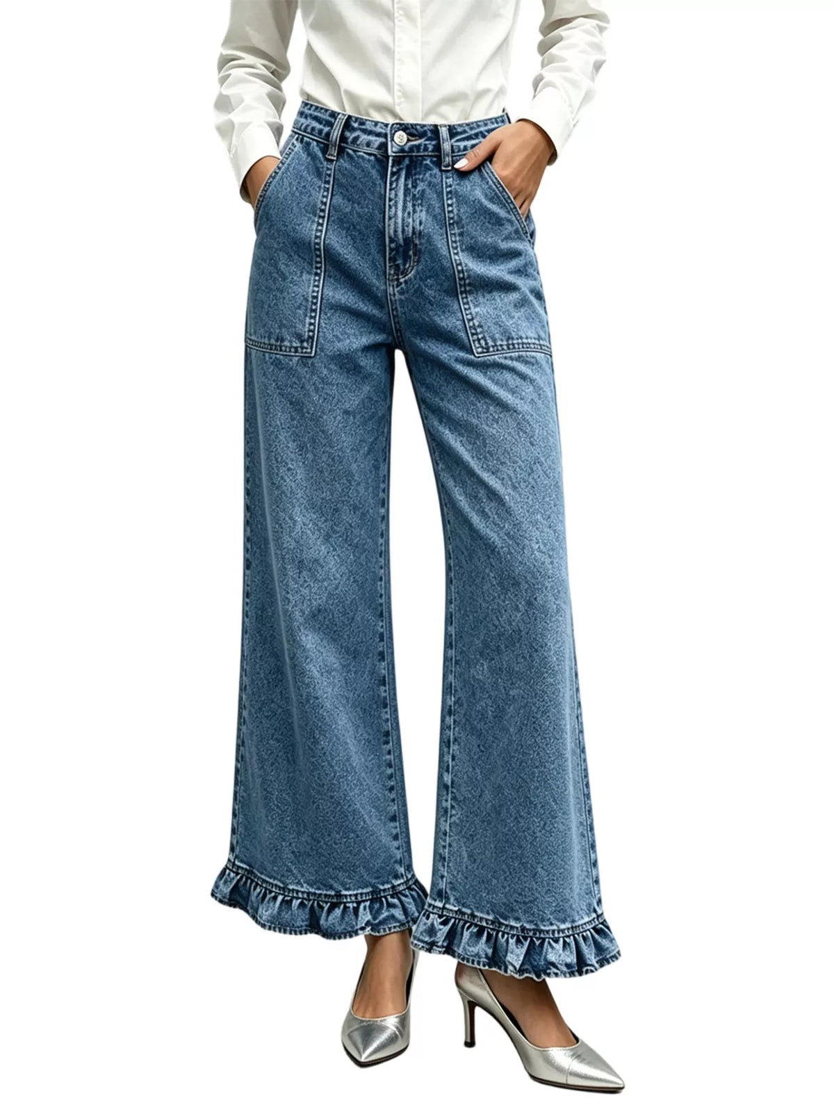 High-Waisted Wide-Leg Ruffle Hem Jeans - Lilixa.store