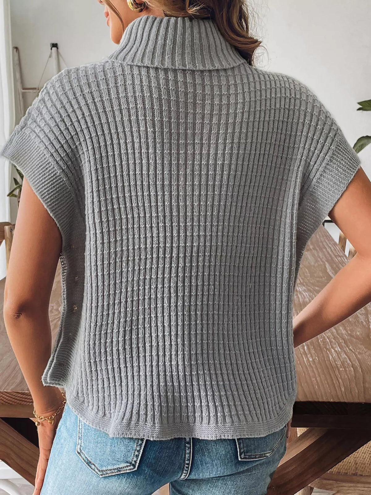 Ribbed Turtleneck Sweater with Side Button Detail, view 5