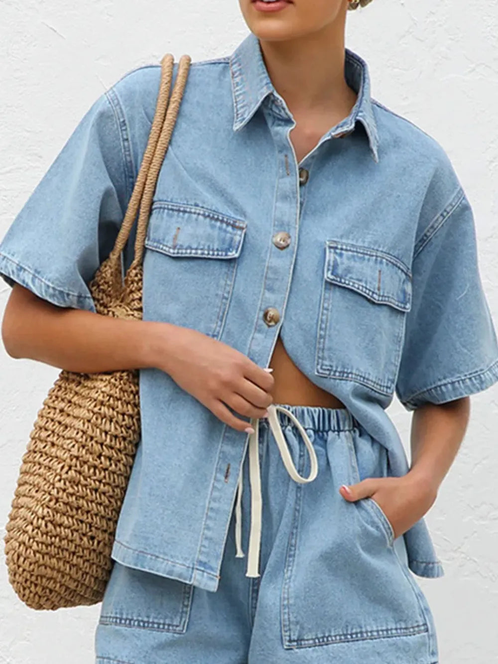 Button Up Half Sleeve Denim Shirt - Lilixa.store