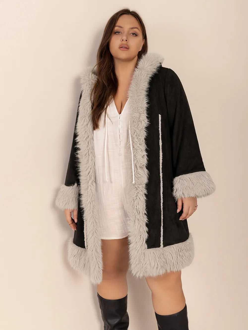 Plus Size Fuzzy Trim Open Front Long Sleeve Hooded Coat in Black, view 6