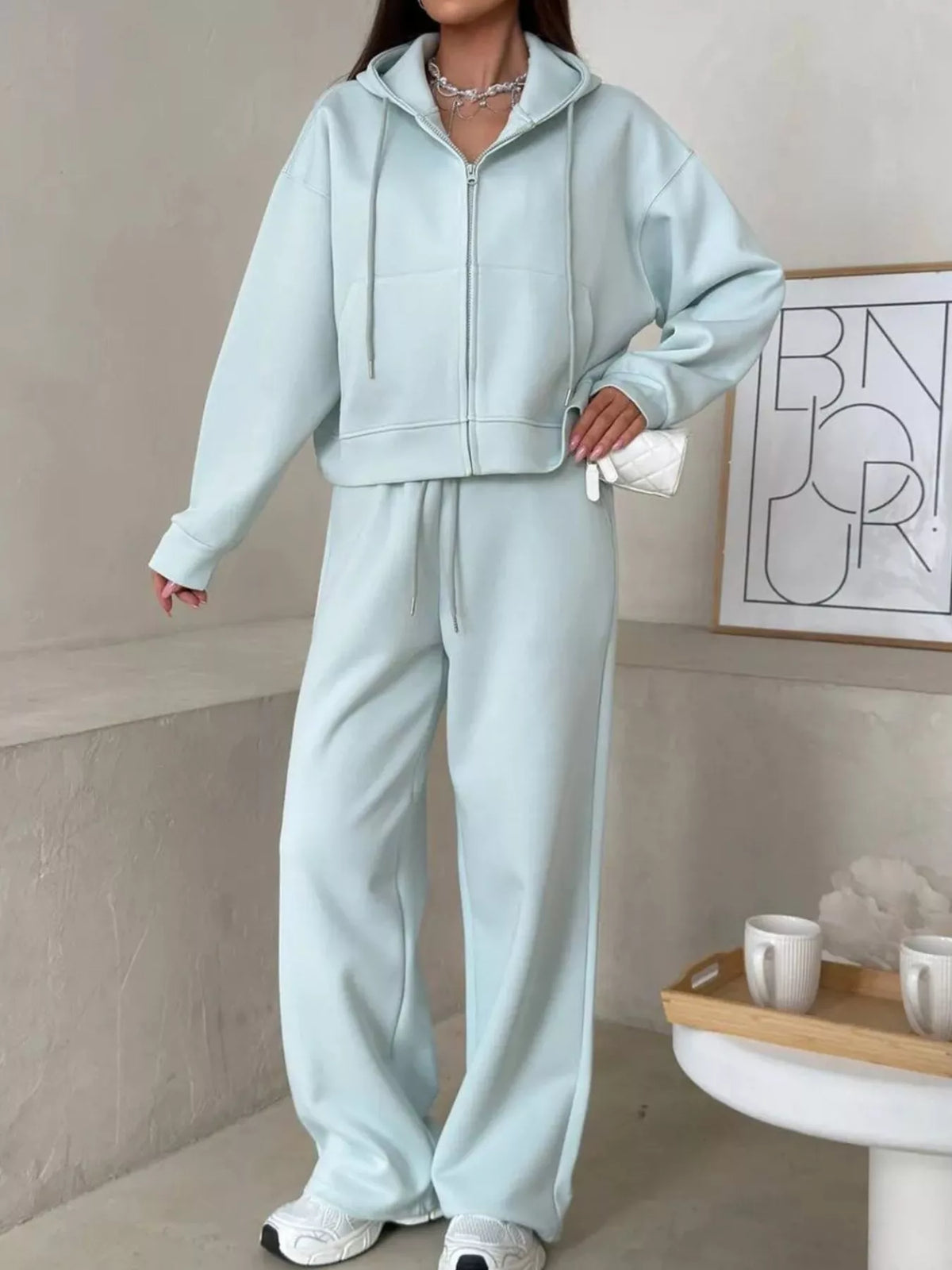 Zip-Up Hoodie and Wide-Leg Pants Set - Lilixa.store