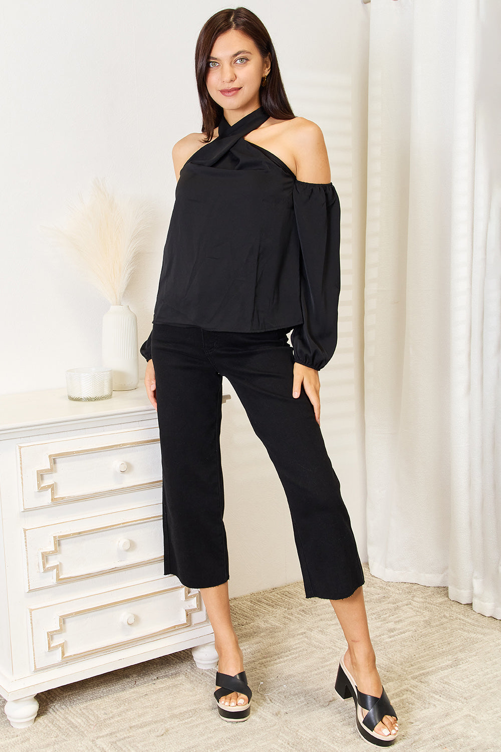 Perfee Grecian Cold Shoulder Long Sleeve Blouse in Black, view 4