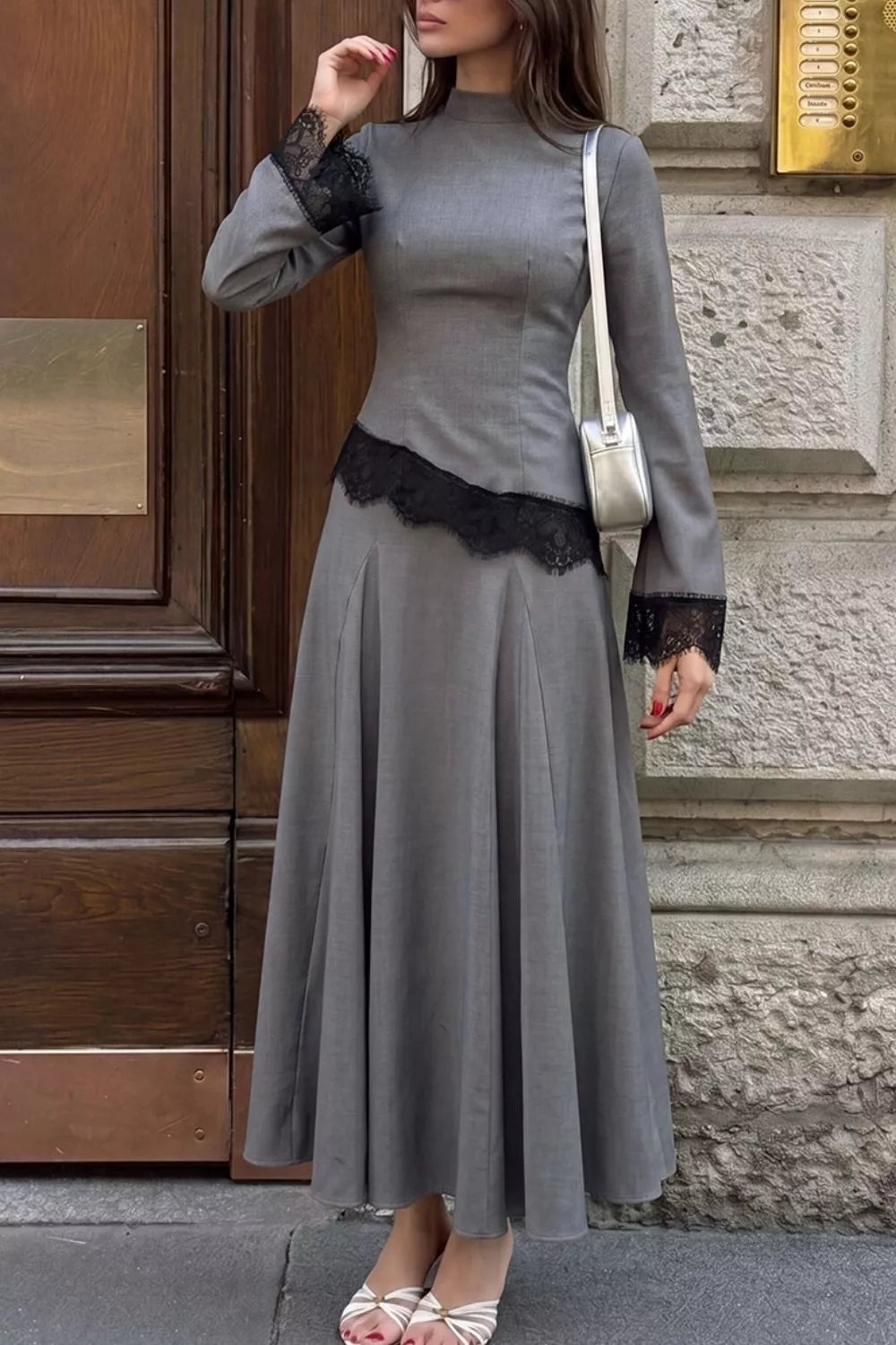 Lace Detail Mock Neck Top and Skirt Set - Lilixa.store