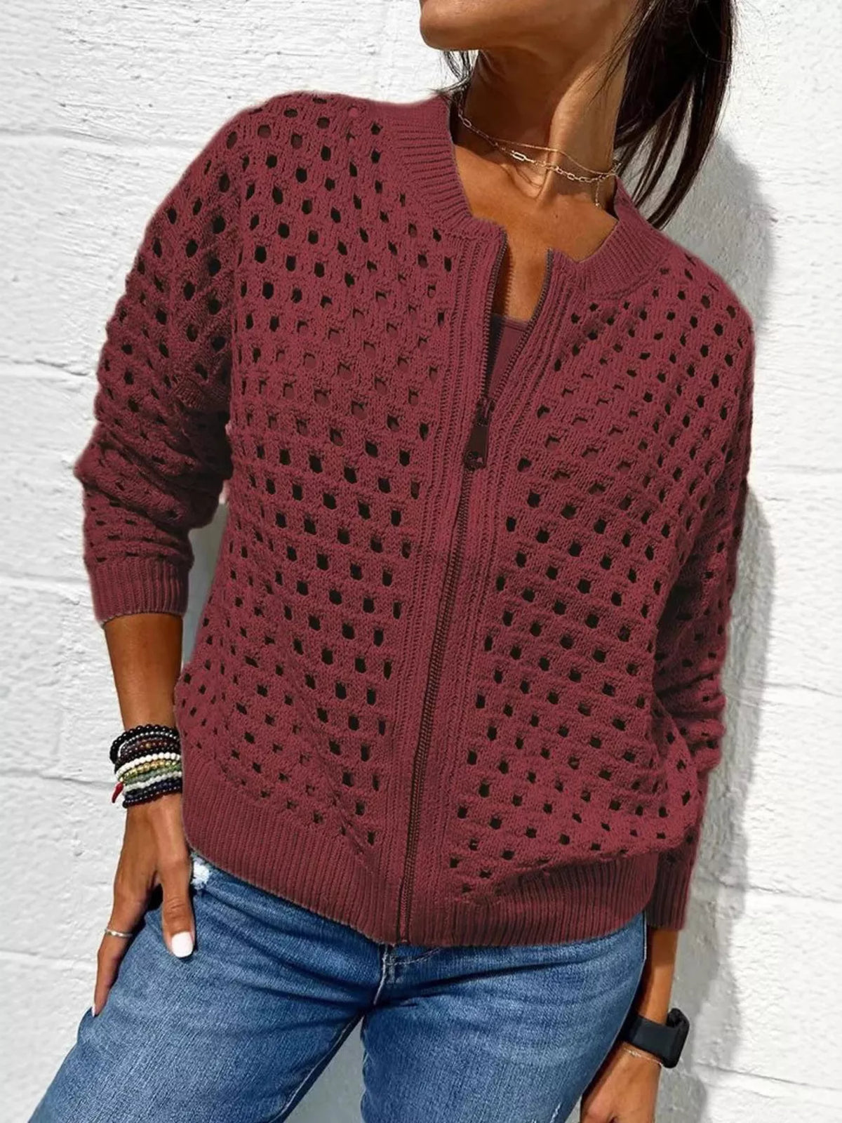 Full Size Crochet Knit Zip-Up Cardigan Plus Size - Lilixa.store