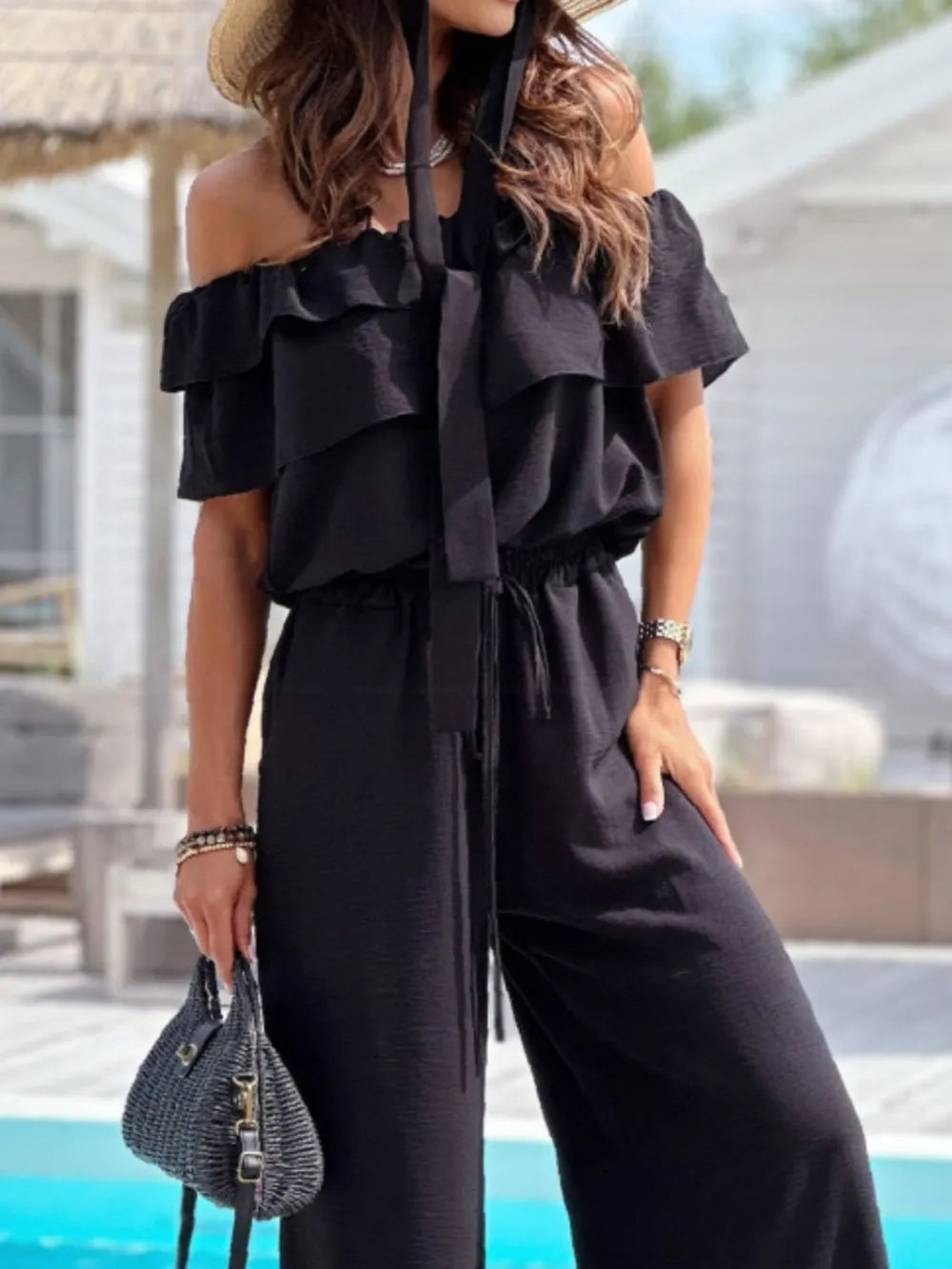 Ruffled Off  Shoulder Wide Leg Jumpsuit - Lilixa.store