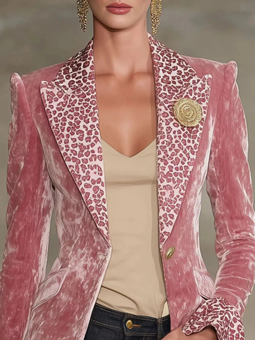 Velvet Leopard Lapel Collar One Button Blazer - Lilixa.store
