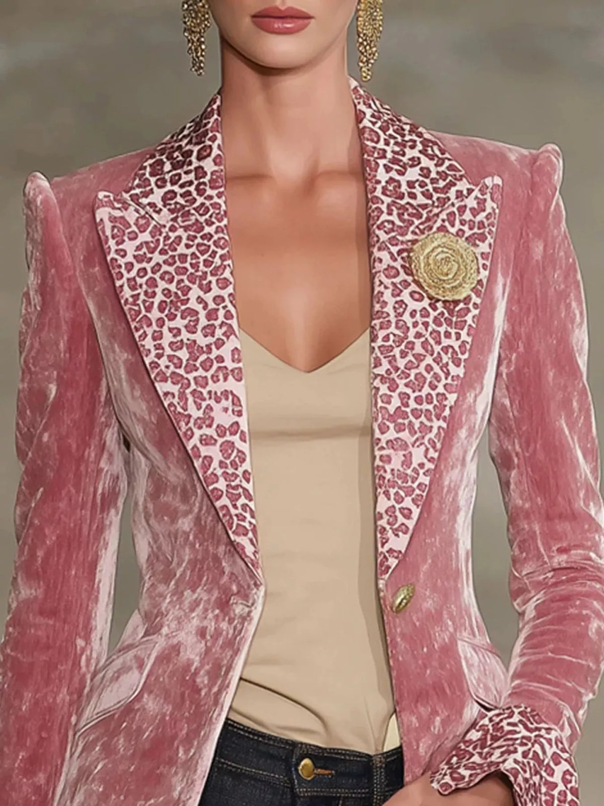 Velvet Leopard Lapel Collar One Button Blazer - Lilixa.store