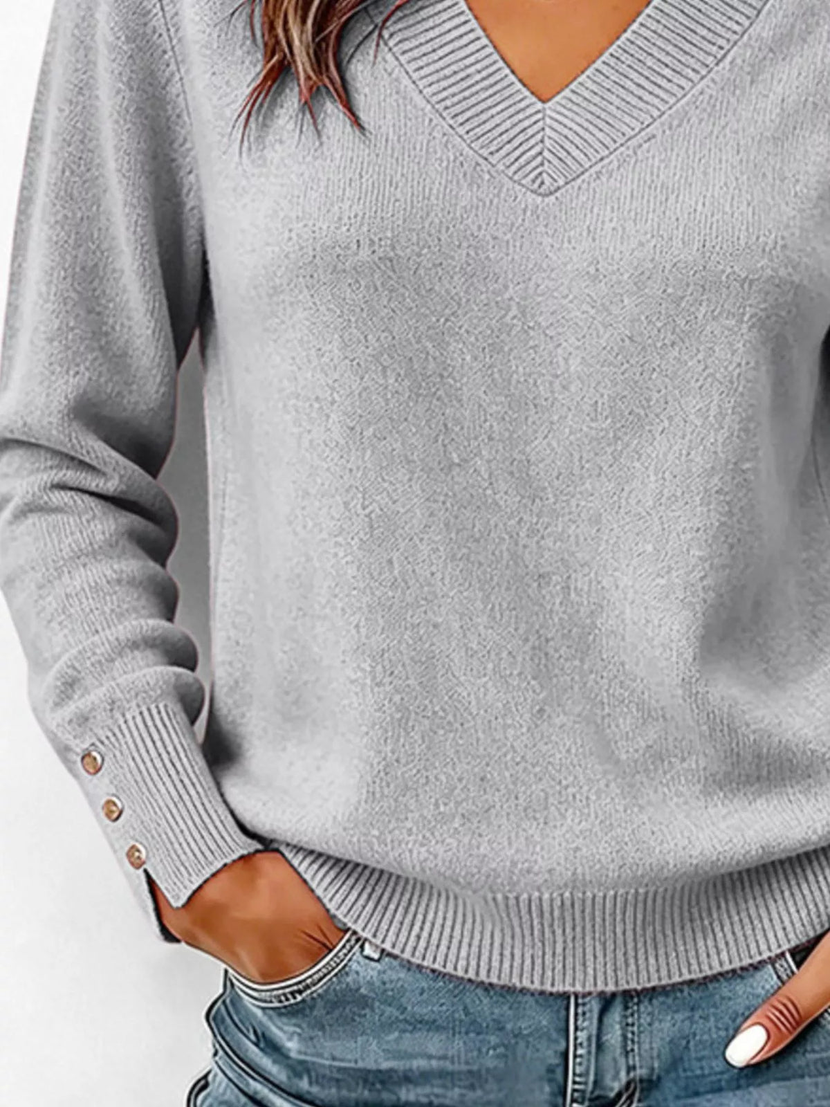 V-Neck Long Sleeve Sweater w - Lilixa.store