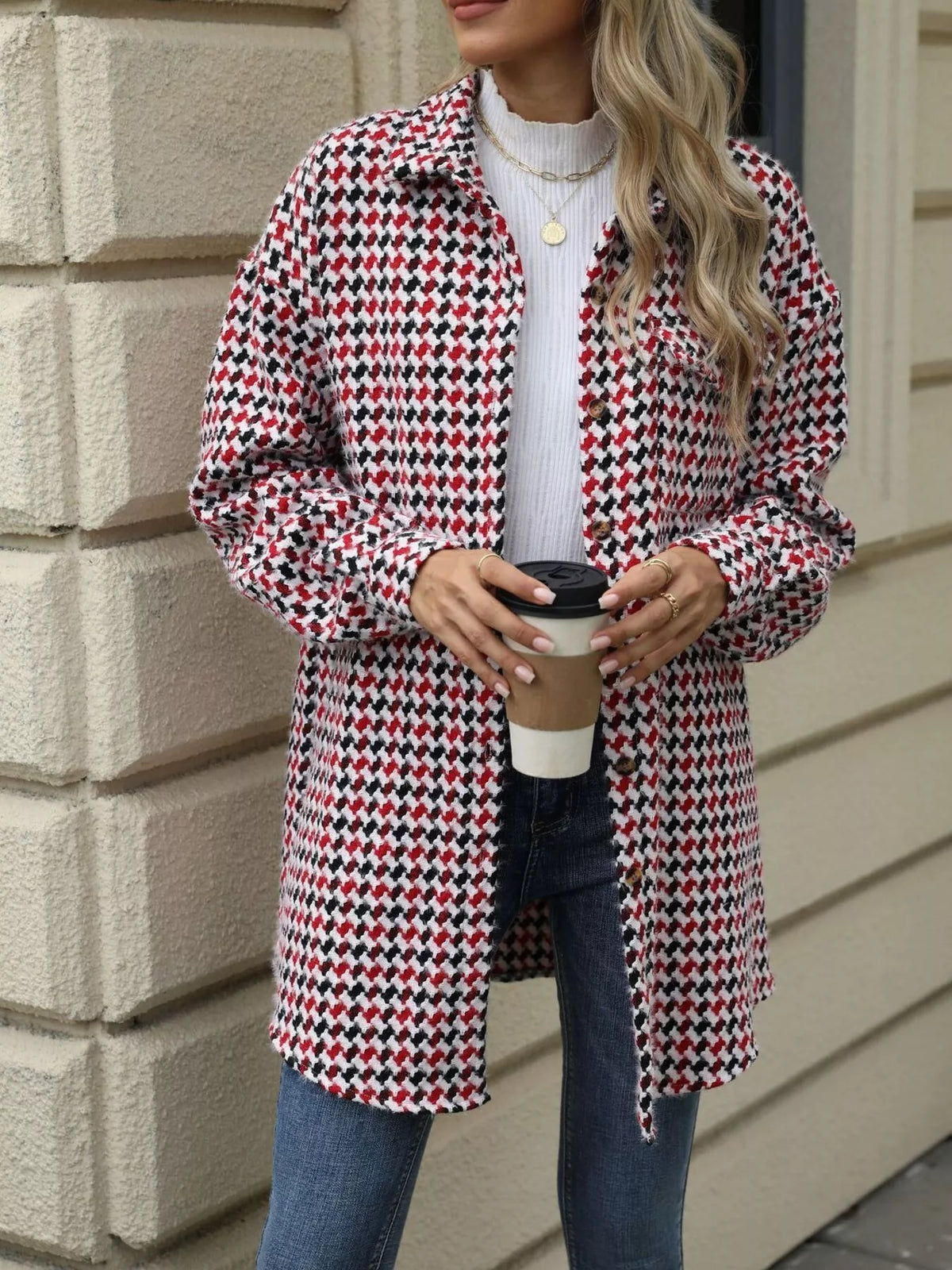 Houndstooth Button Up Long Sleeve Coat in Red