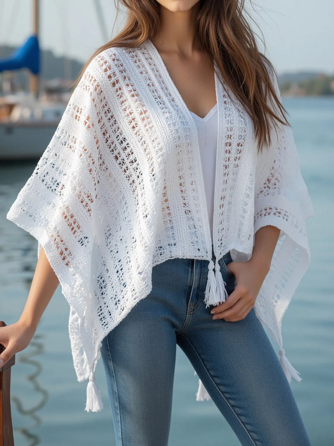 Openwork Tassel Open Front Knit Cover Up - Lilixa.store