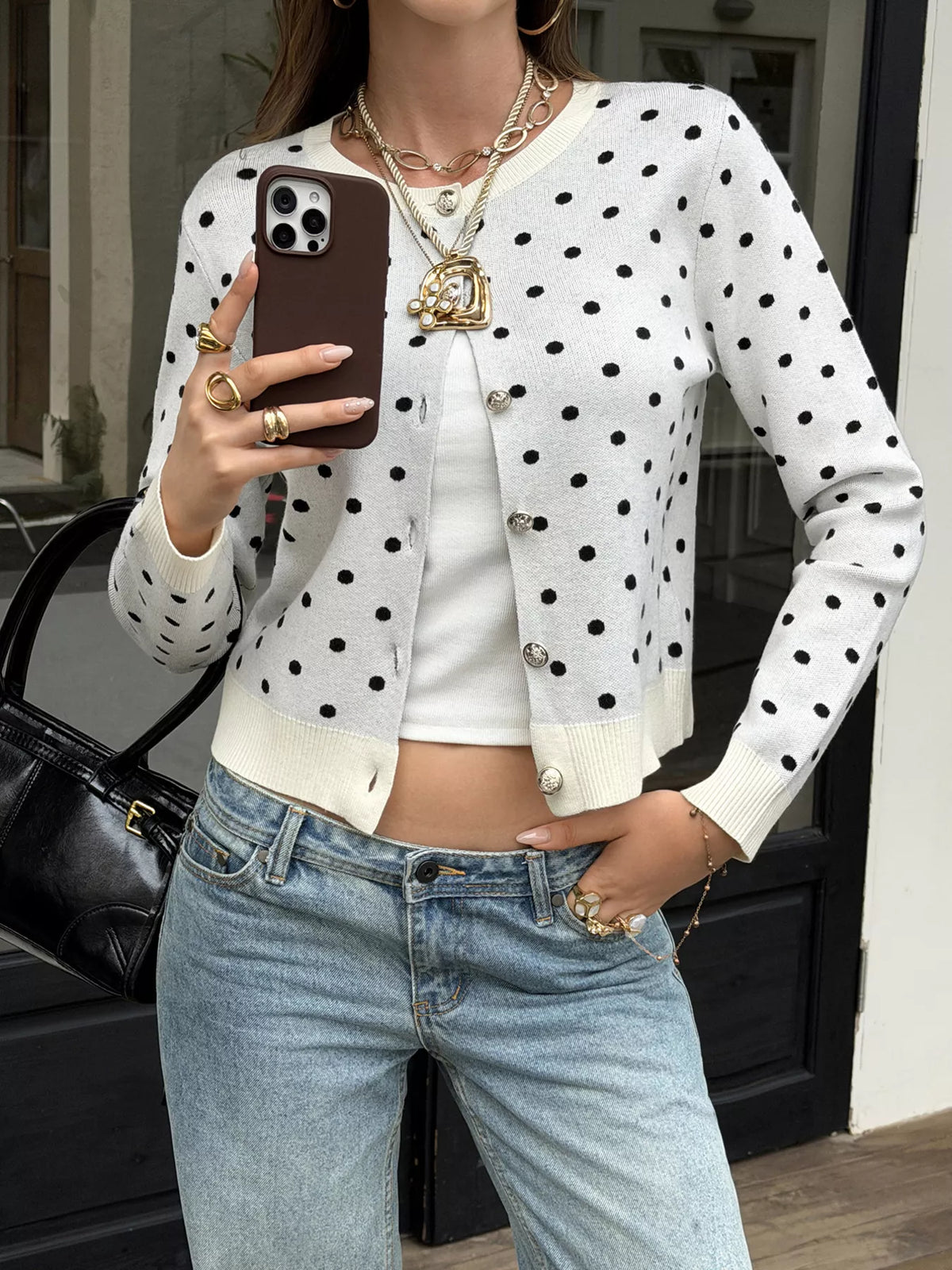 Polka Dot Button-Down Front Cardigan - Lilixa.store