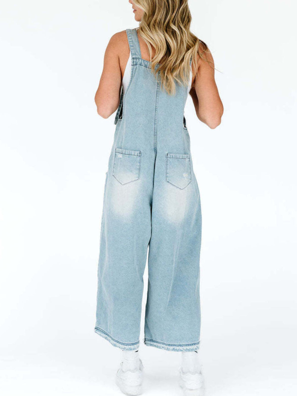 Distressed Wide Leg Denim Overalls, view 15