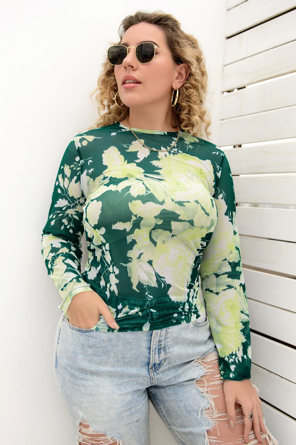 Plus Size Printed Round Neck Long Sleeve Blouse - Lilixa.store