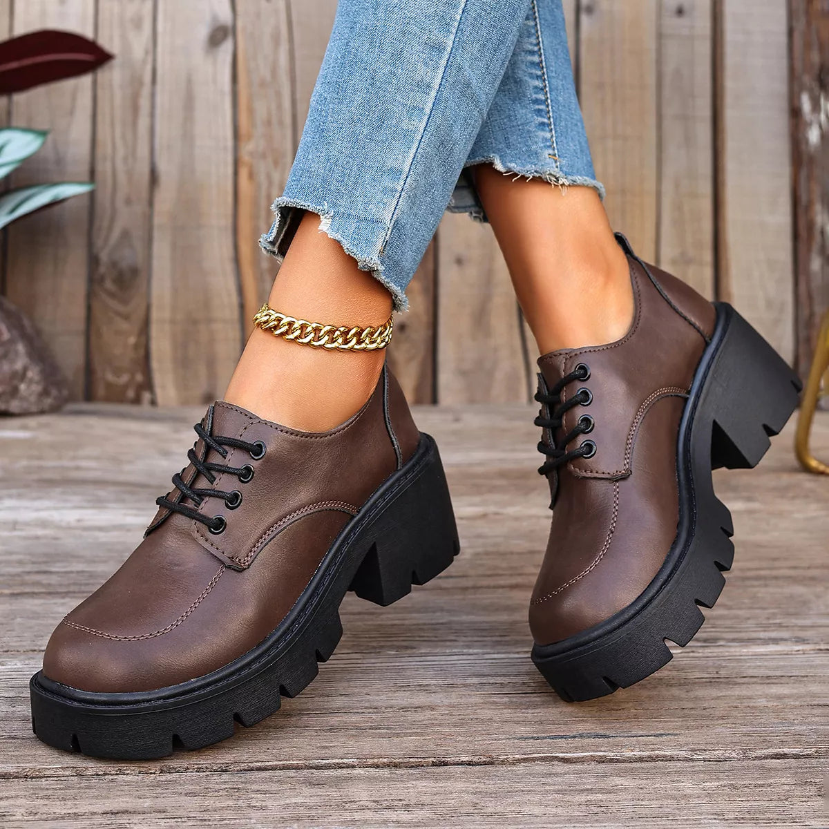 Chunky Platform Lace-Up Oxford Sneakers - Lilixa.store
