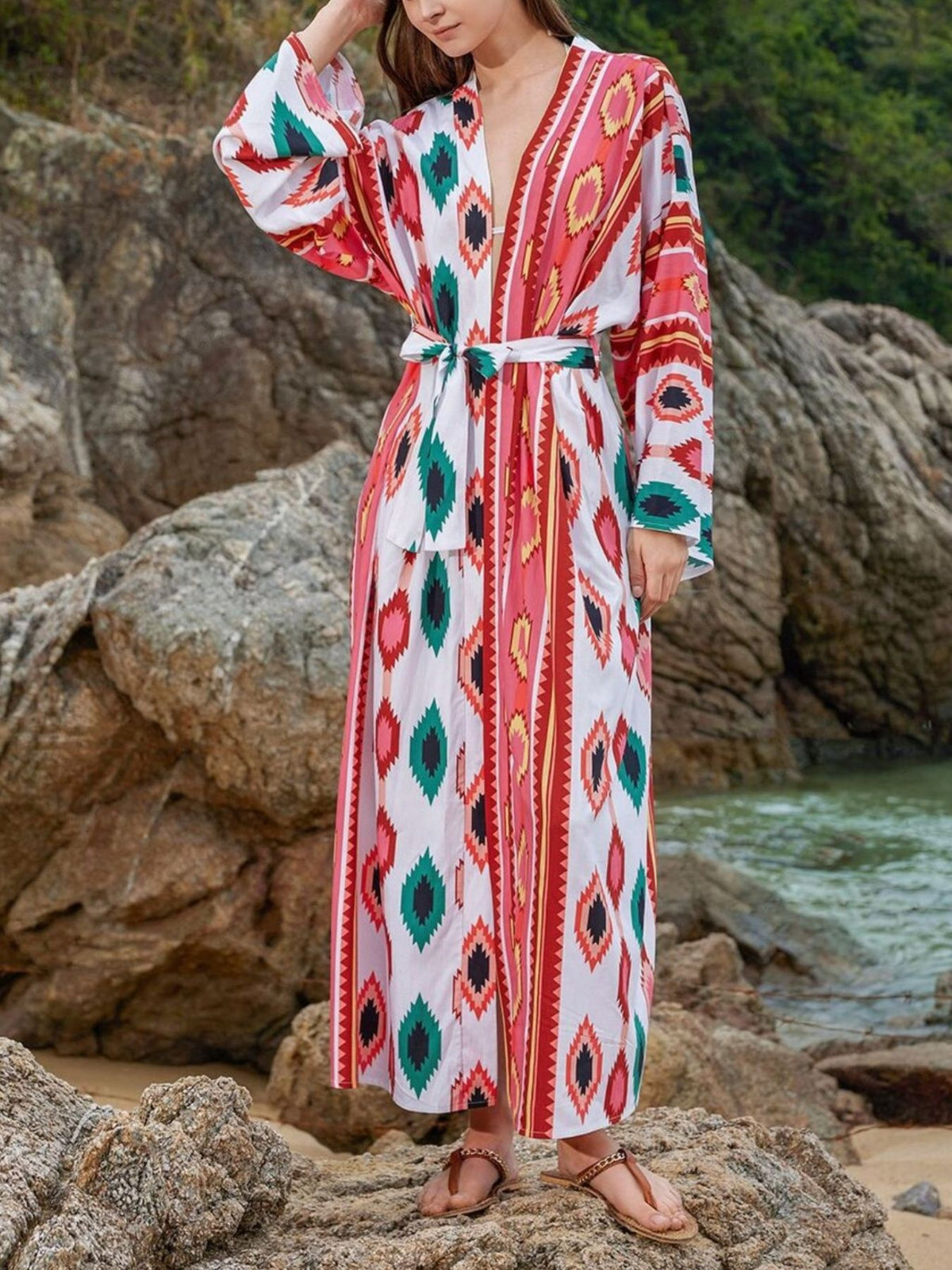 Boho Print Long Sleeve Beach Cover-Up - Lilixa.store
