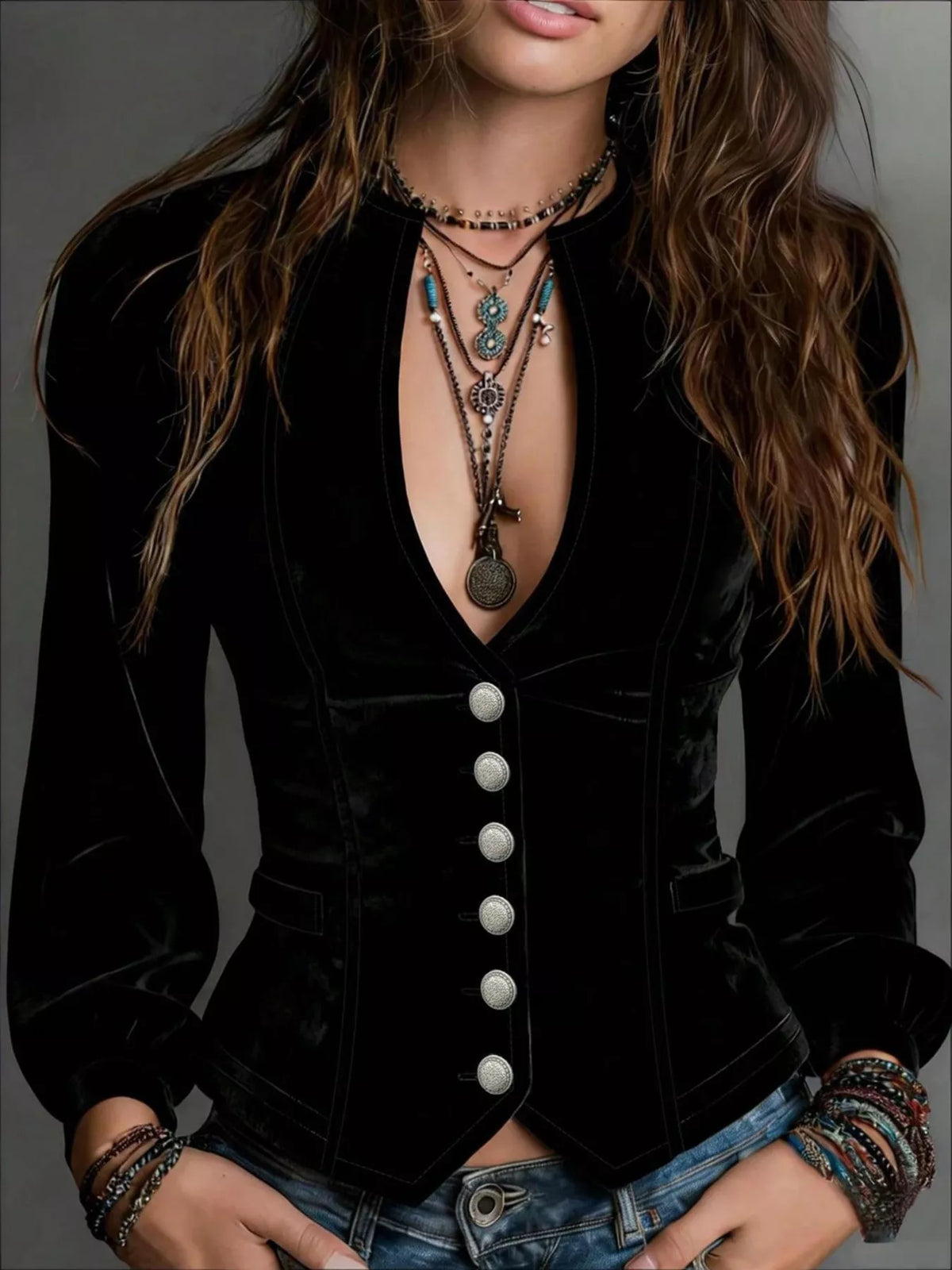 Button Down Plunge Velvet Shirt in Black