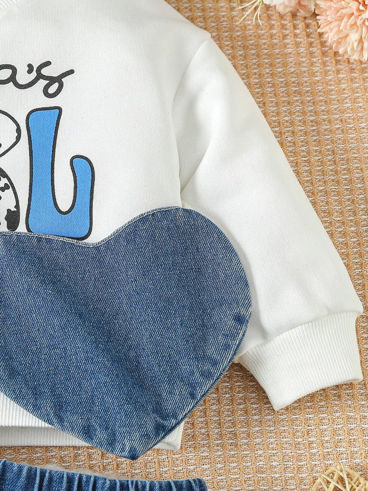Children's Letter Long Sleeve Top and Denim Skirt Set with Heart Bag - Lilixa.store
